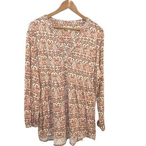 Wonderly Tunic‎ Blouse Long Sleeve V-Neck Henley Tribal Print Neutral Casual 3X